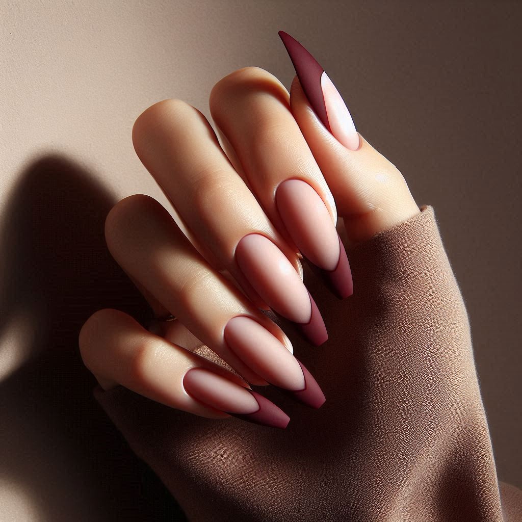 Matte Burgundy Tips on Coffin Nails