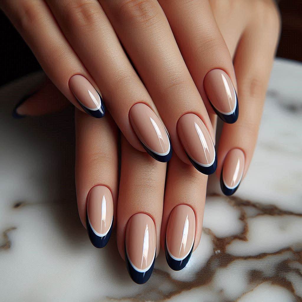 Navy Blue French Tips with White Line Detail