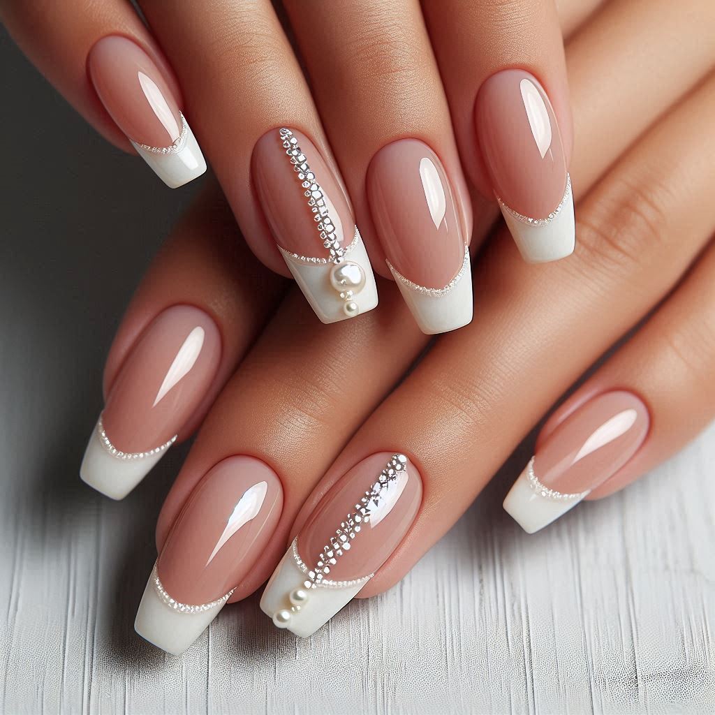 Pearl French Tips with Micro Rhinestones