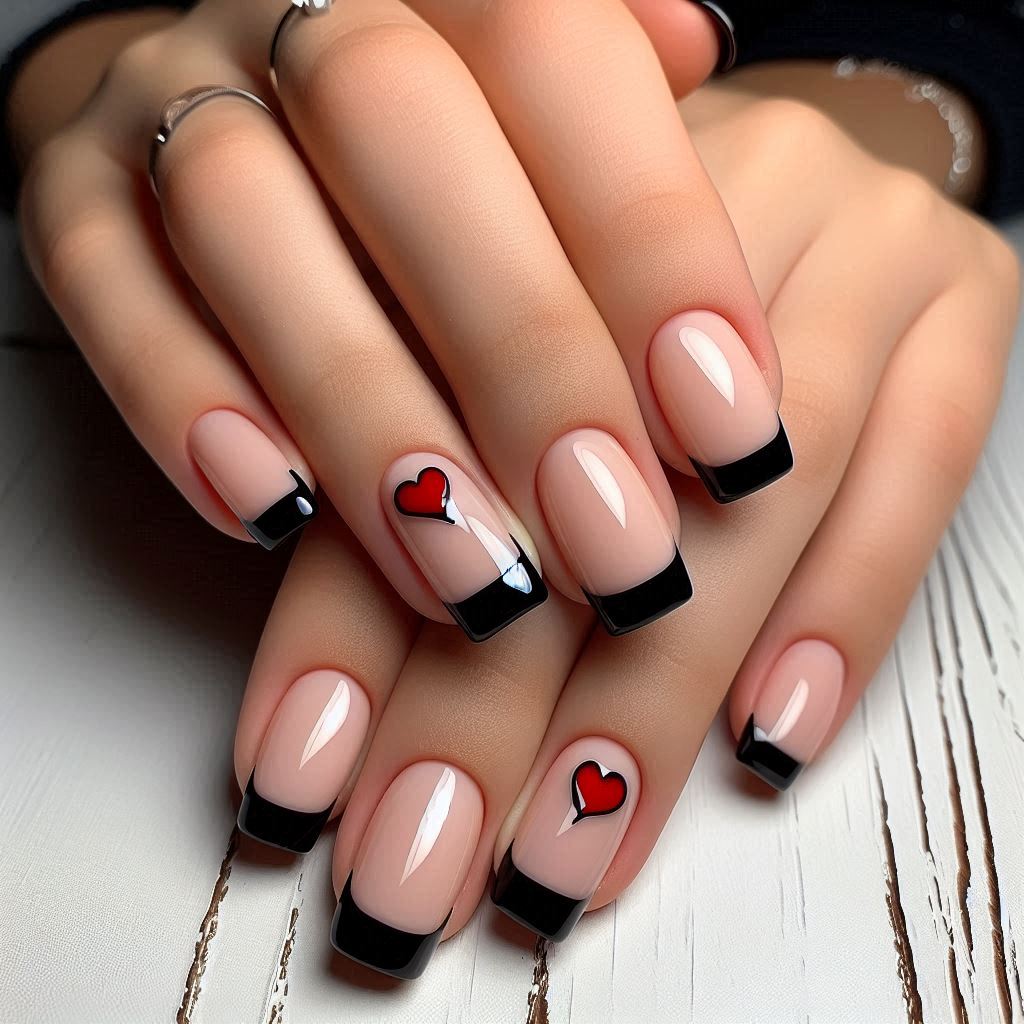 Black French Tips with Red Hearts