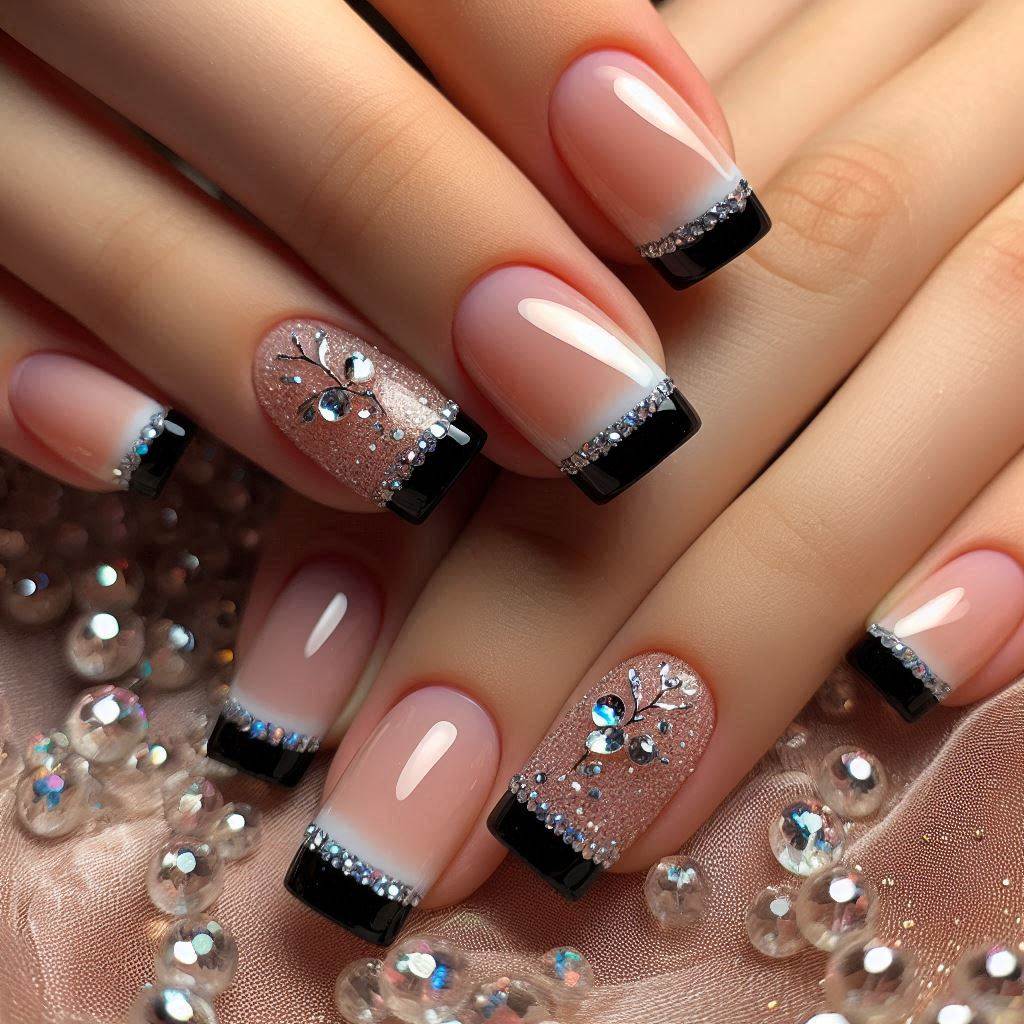Black French Tip with Micro Rhinestones