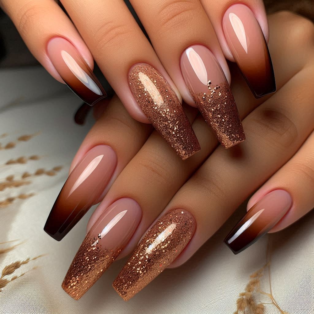  Cinnamon Brown Tips with Glitter Fade