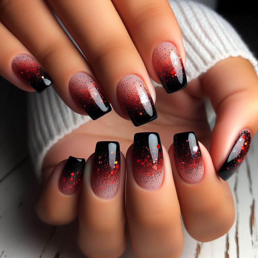 Black French Tip with Red Glitter Fade