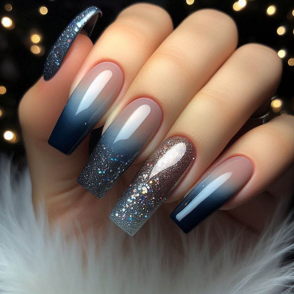 Glitter-Dipped Navy Blue Tips