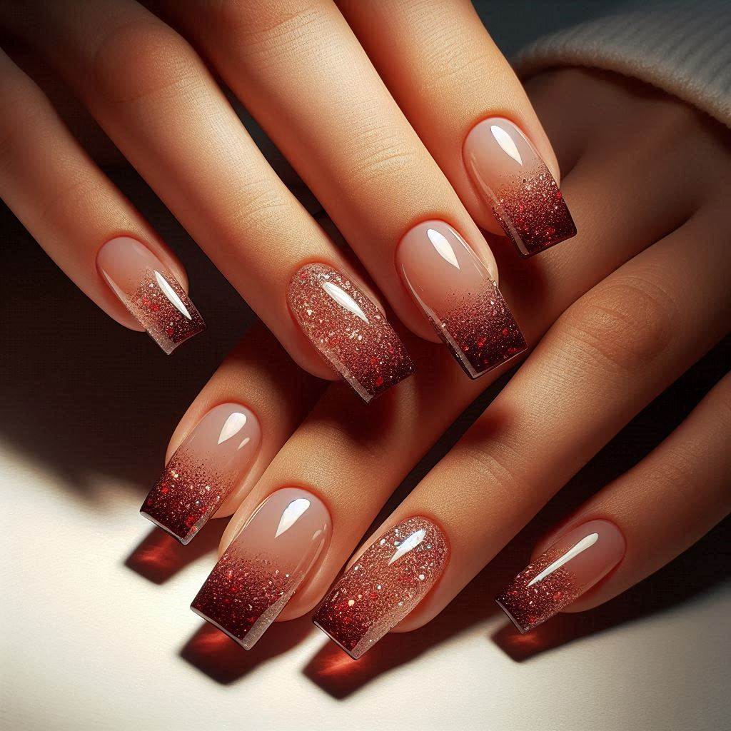 Dark Red Glitter French Tips