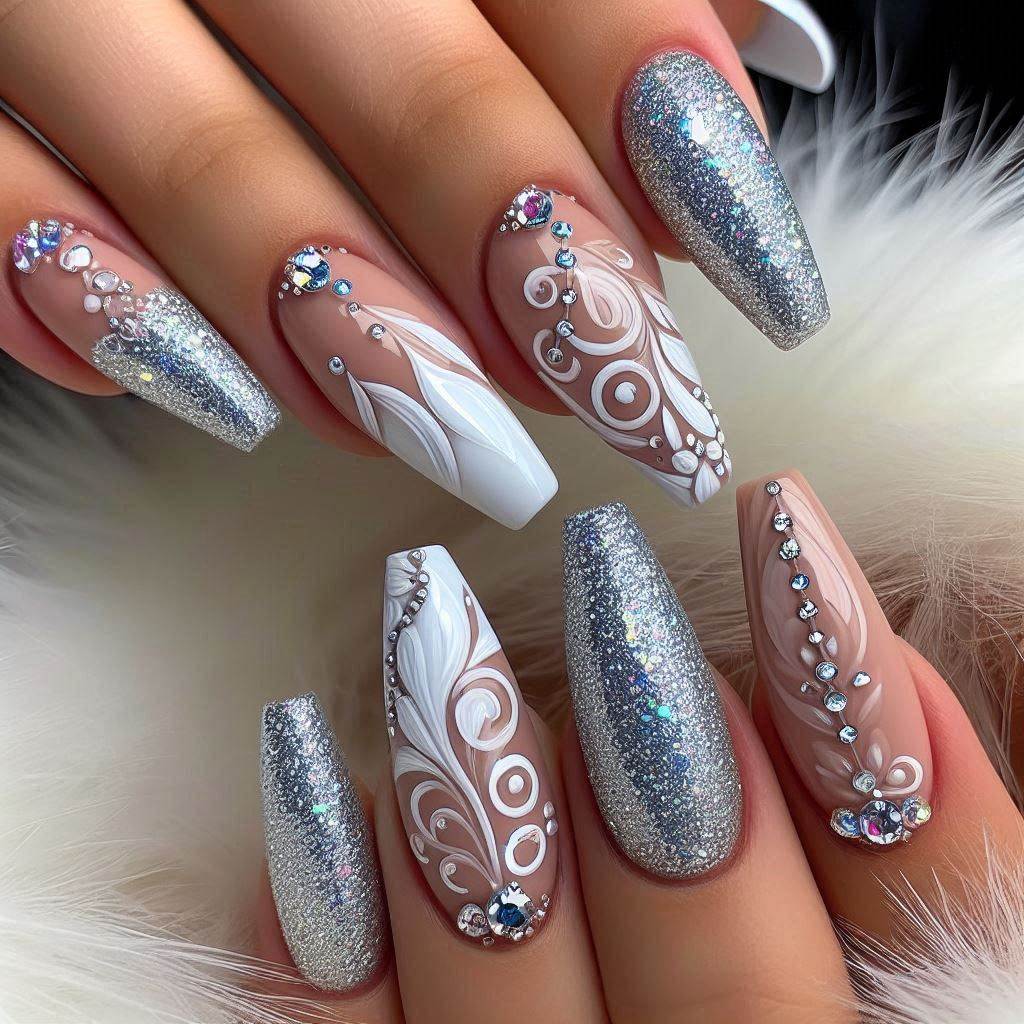 Glitter French Tip Nails with Design Accents