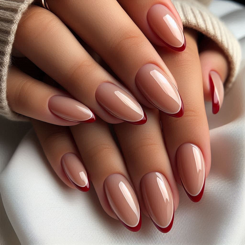 Classic Red Thin Tips on Almond Nails