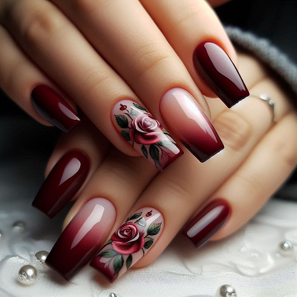 French Tips with Dark Red Roses