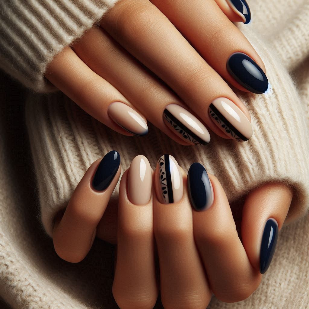 Navy French Tips with Negative Space Art
