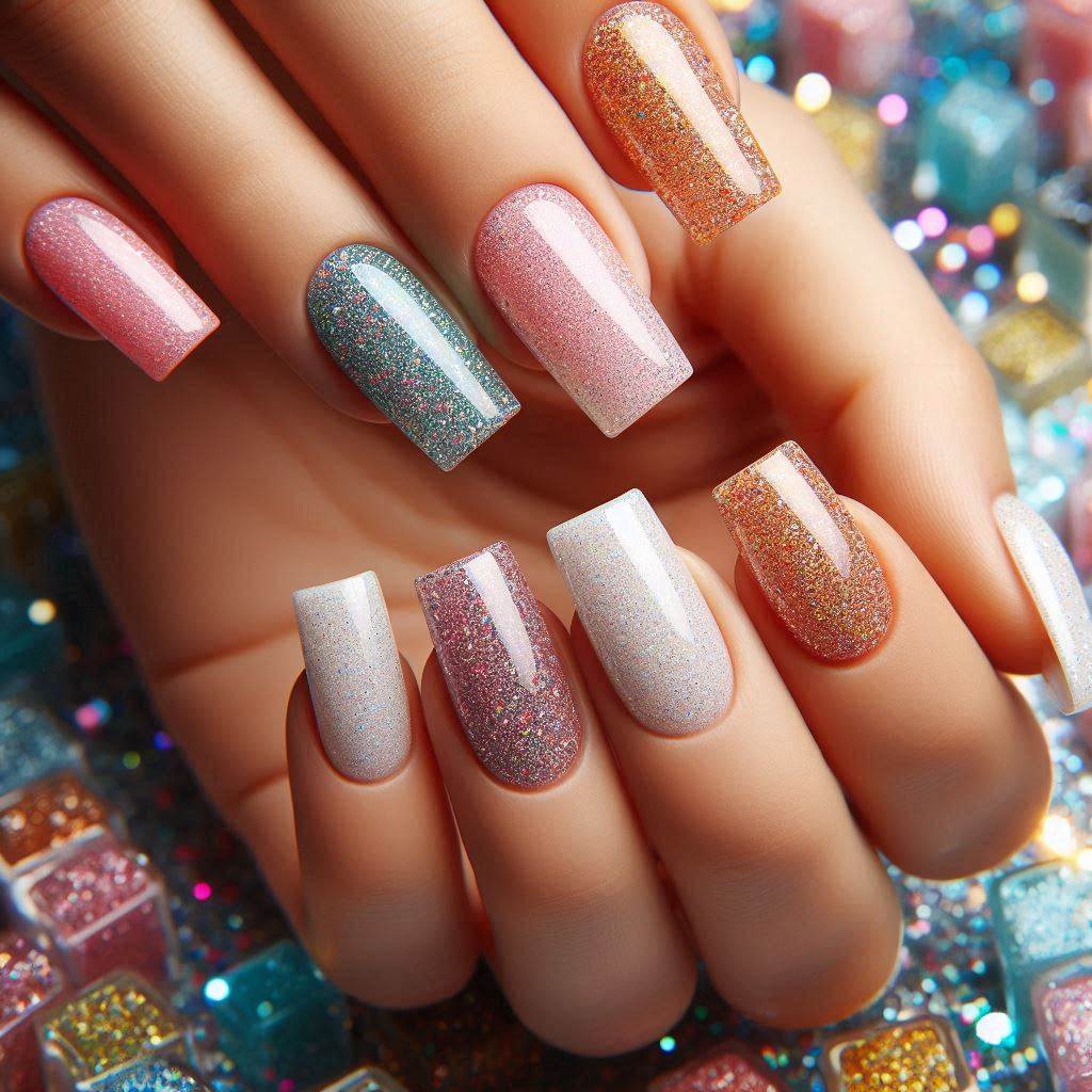 Rainbow Glitter French Tip Nails
