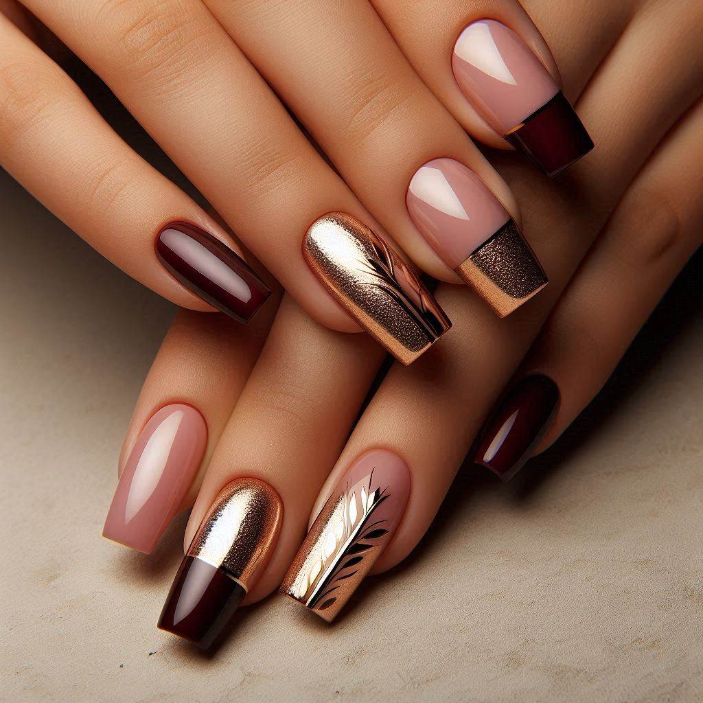 Dark Red Tips with Gold Foil Accents