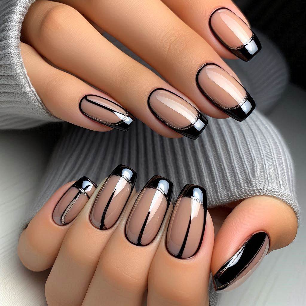 Glossy Black Tips with Silver Outline