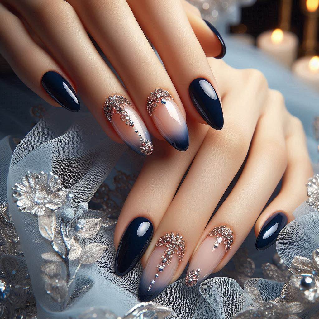 Navy Blue French Tips with Rhinestone Cuticle Detail