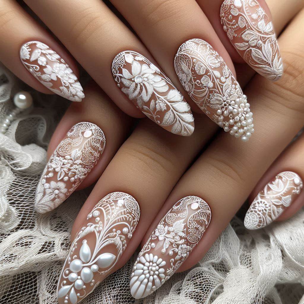 Pearl French Tips with Lace Design