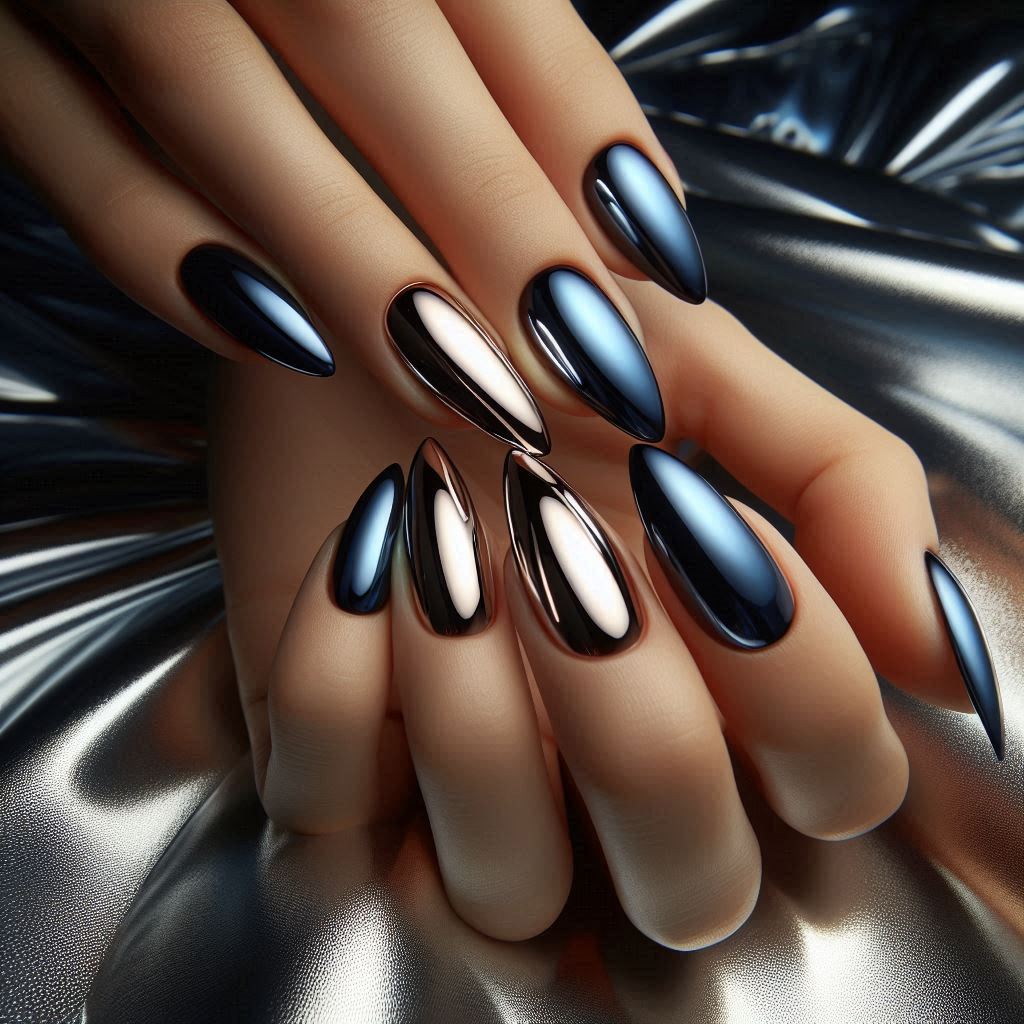 Navy Blue Chrome French Tips