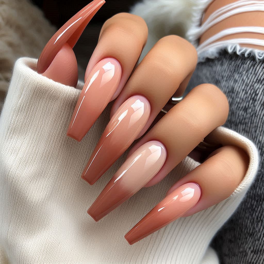 Coffin Nails with Caramel Brown Tips
