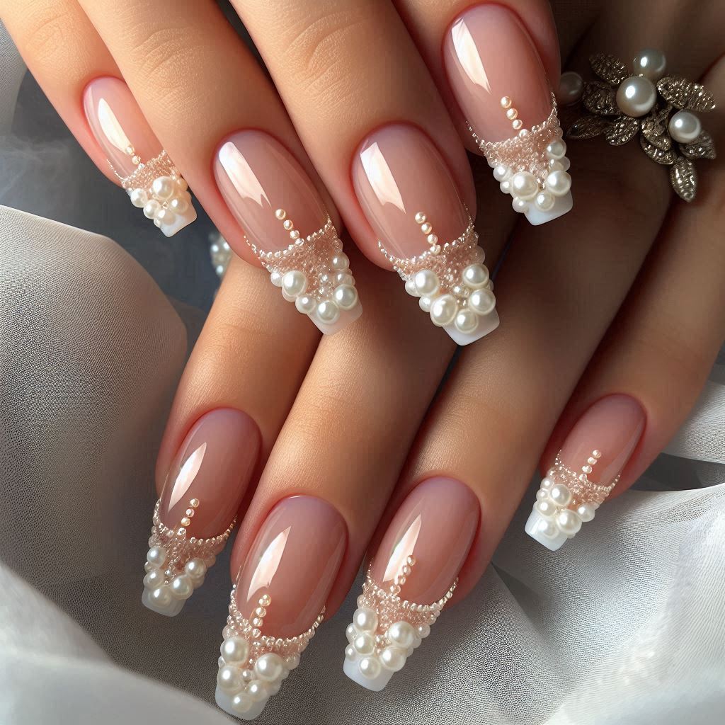 French Tips with Mini Pearl Beads