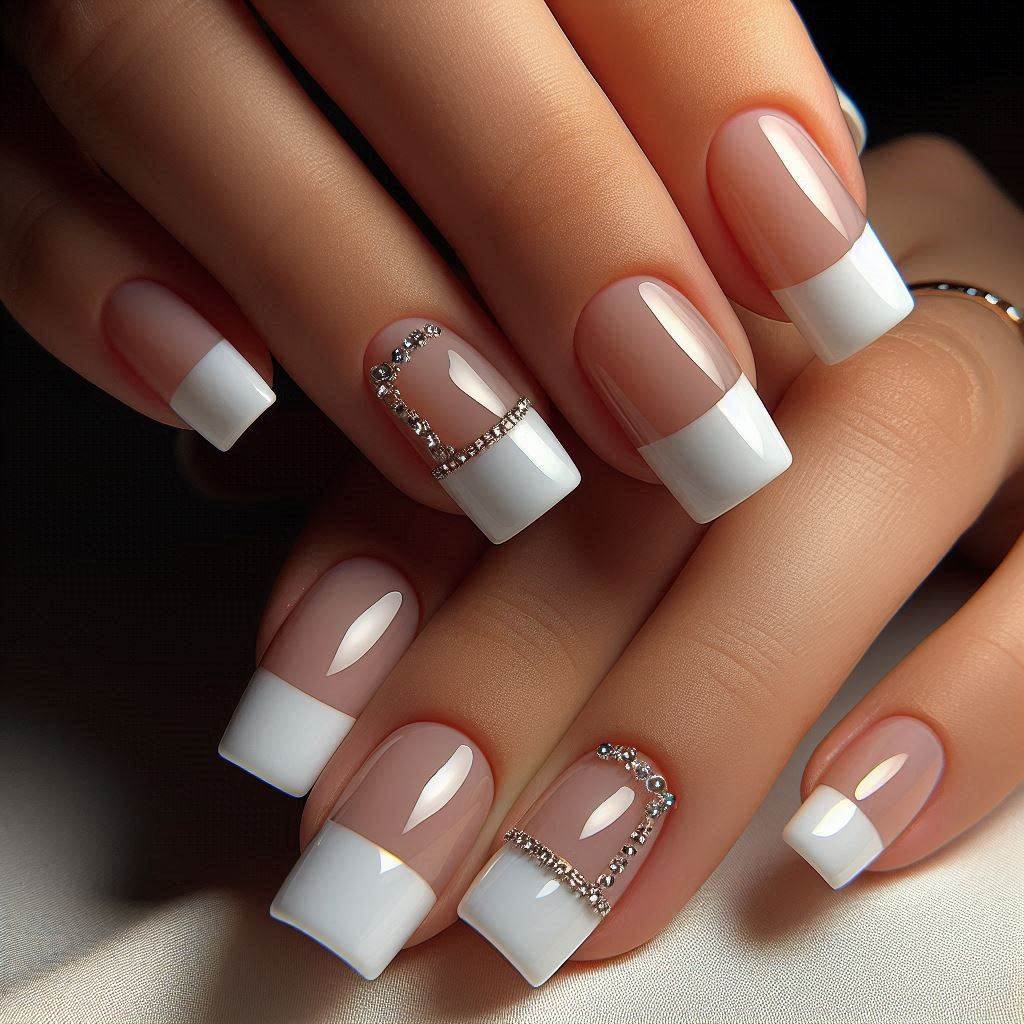 Square French Tips with Bling Detailing