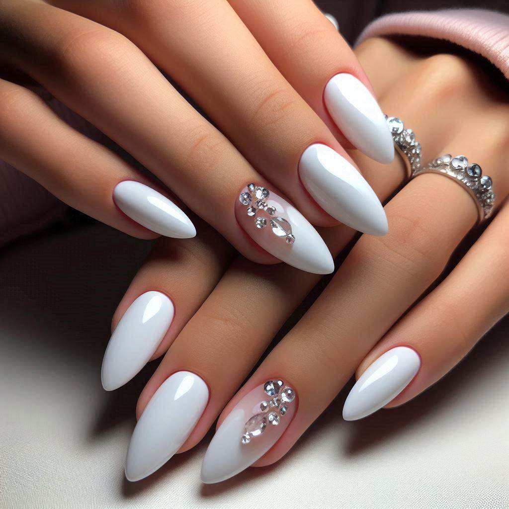 White Nails with Rhinestone Accents