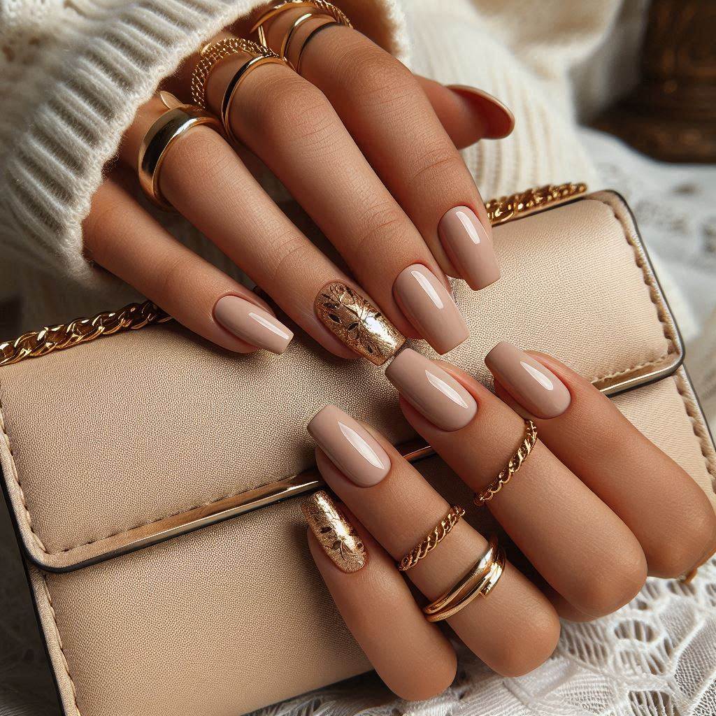 Short Nude Nails with Gold Foil Accents