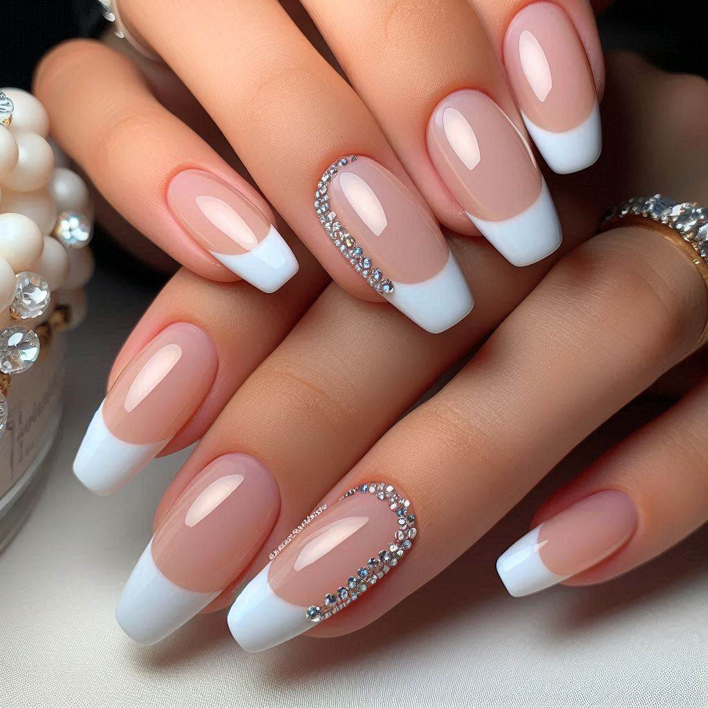 Classic French Tips with Crystal Bling