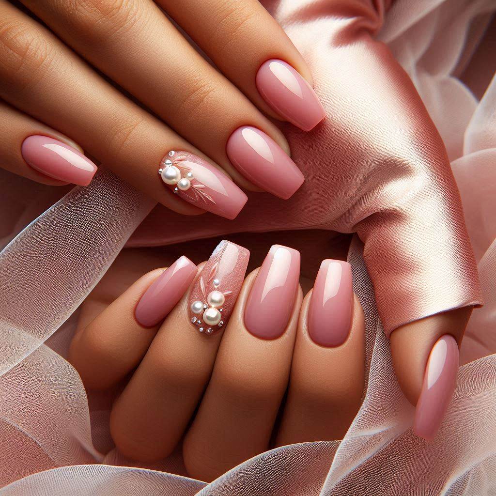Short Nails with Pearl Embellishments