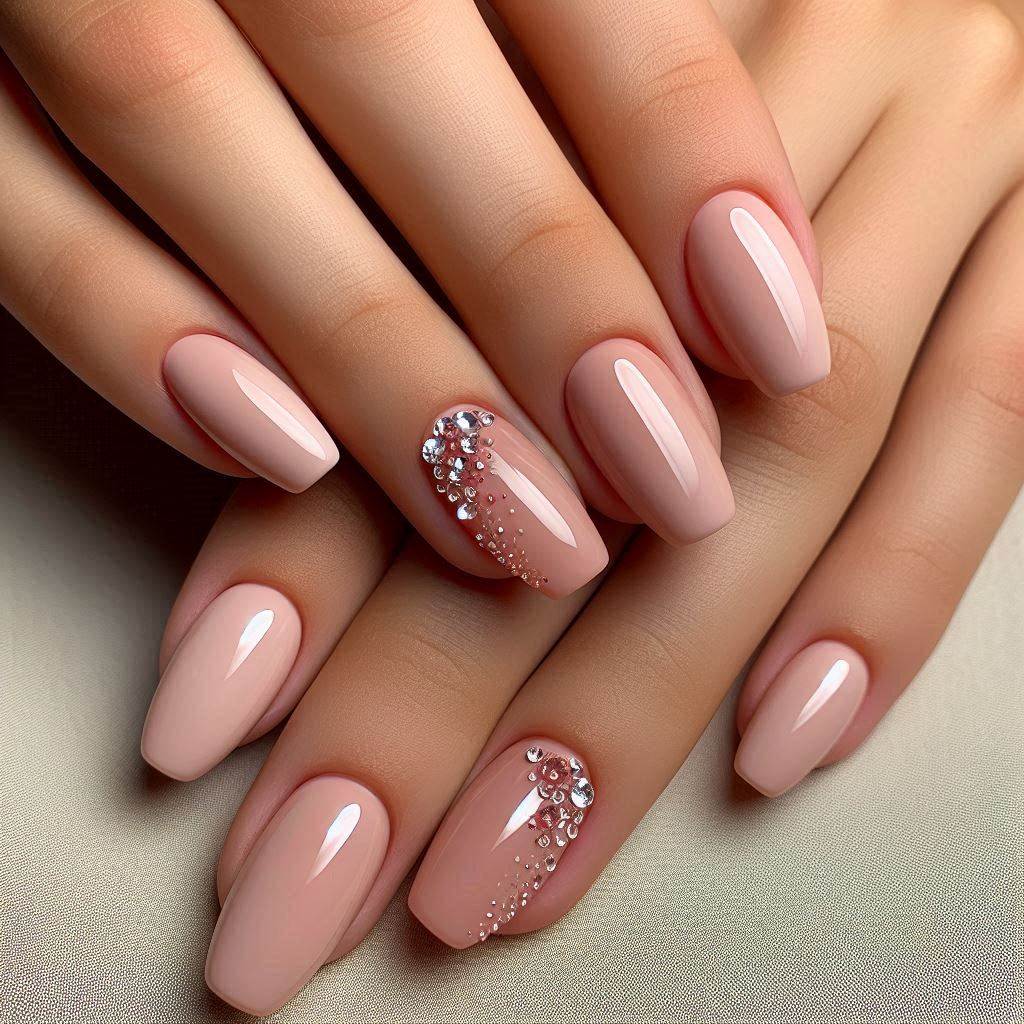 Short Nude Acrylic Nails with Bling Elegance