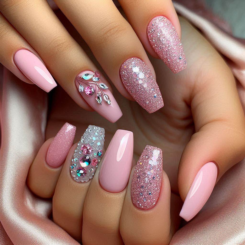 Pink Acrylic Nails with Pop-of-Bling