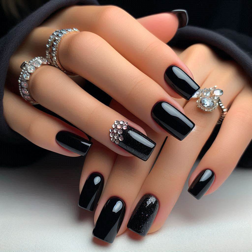 Short Black Acrylic Nails with Dazzling Gems
